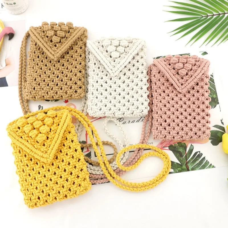 Femlion Cotton Rope Hand-woven Beach Bag Shoulder Straw Messenger Phone Bag