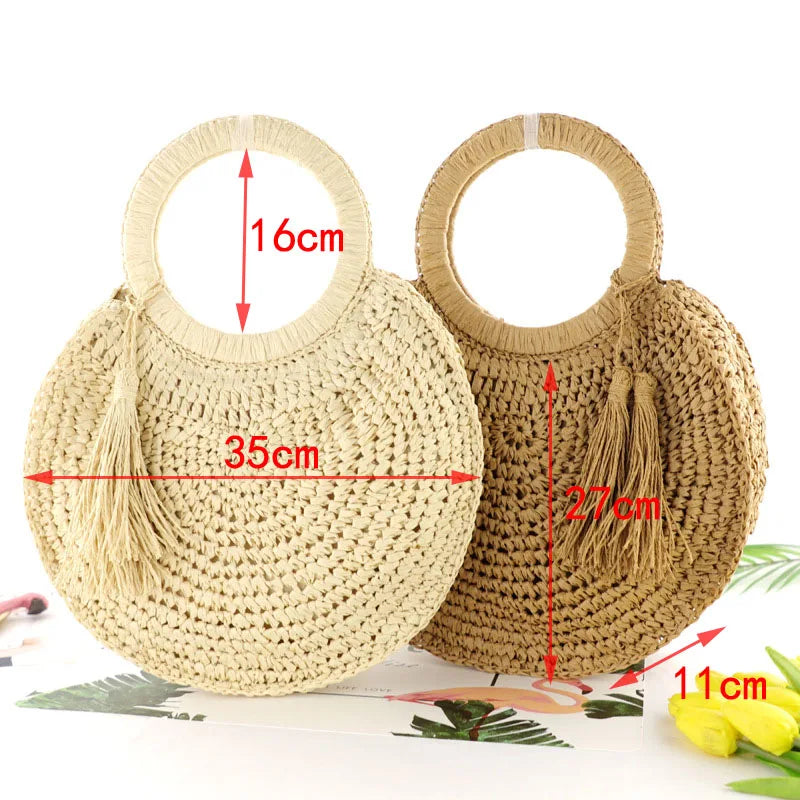 Femlion Round Fringed Straw Bag with Tassel - Casual Beach Tote