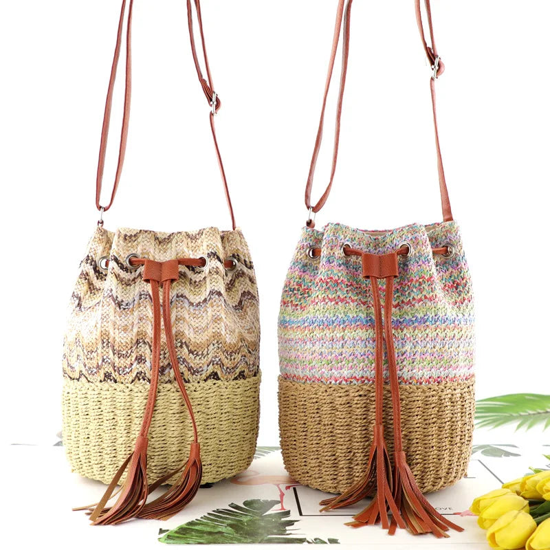 Femlion Tassel Bucket Bag Straw Handbag: Casual Woven Messenger for Women