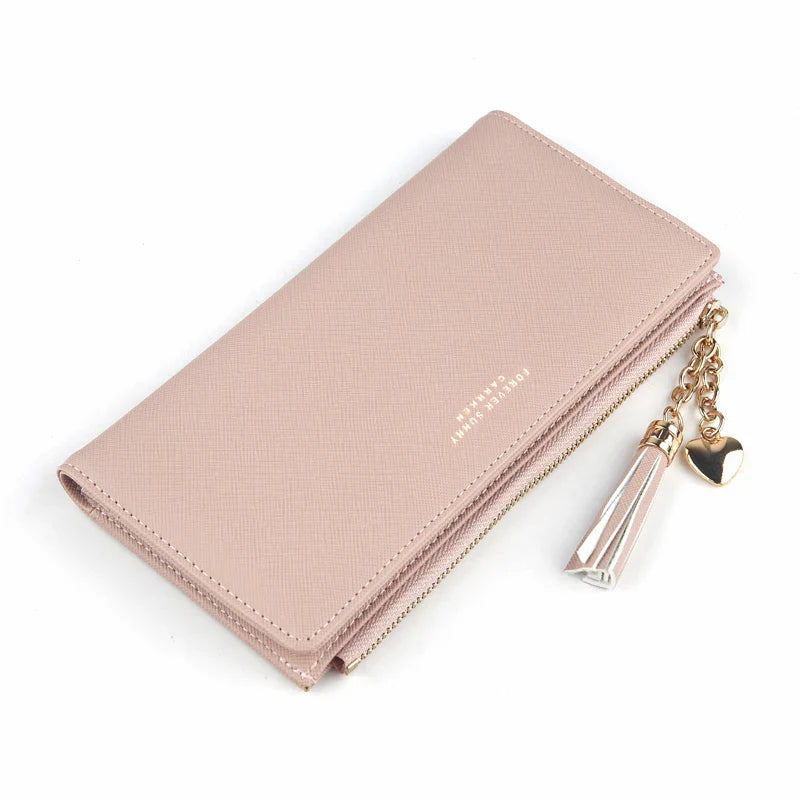 Femlion Pink Tassel Wallet: Crossed Grain PU Leather Phone Case Coin Purse Card Holder