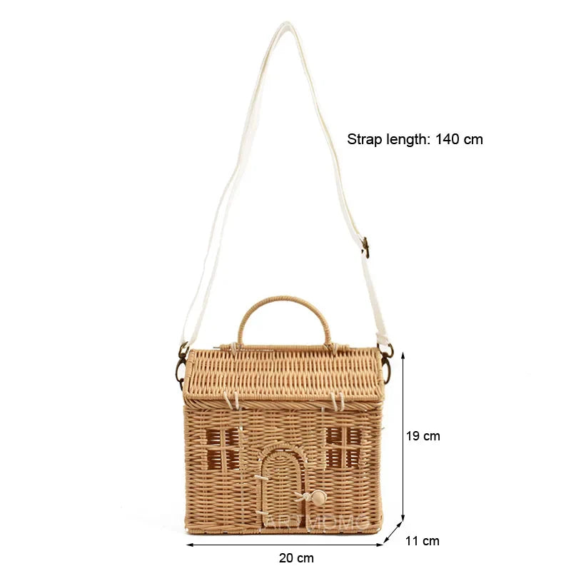 Femlion House Shape Rattan Women Handbags - Wicker Crossbody Straw Bag