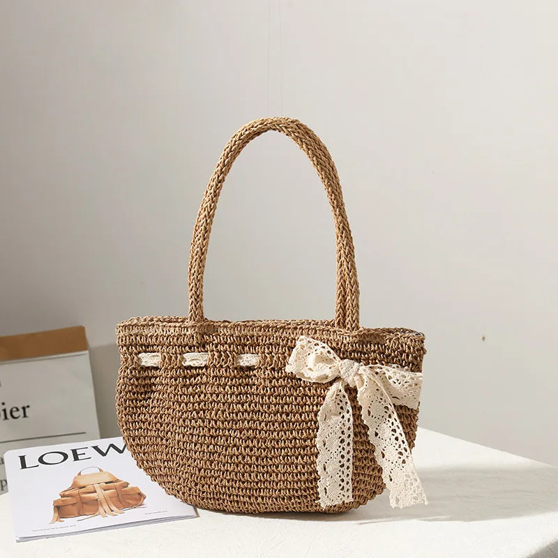 Femlion Bowknot Woven Bag: 2021 New Shoulder Straw Beach Bag