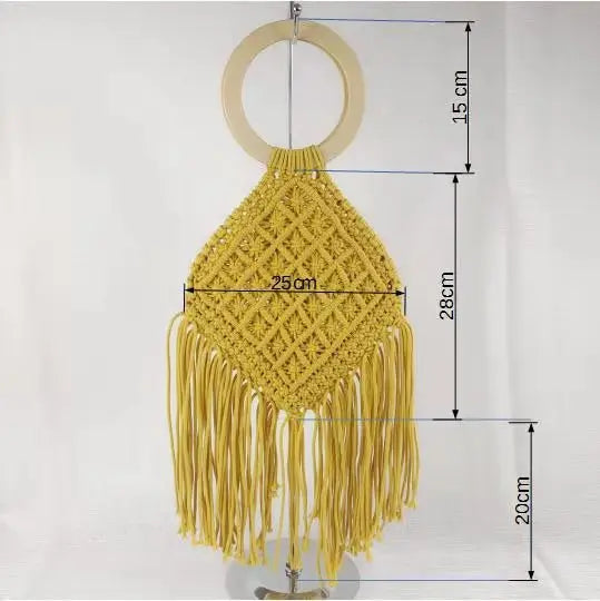 Femlion Diamond Tassel Straw Bag with Wooden Handle