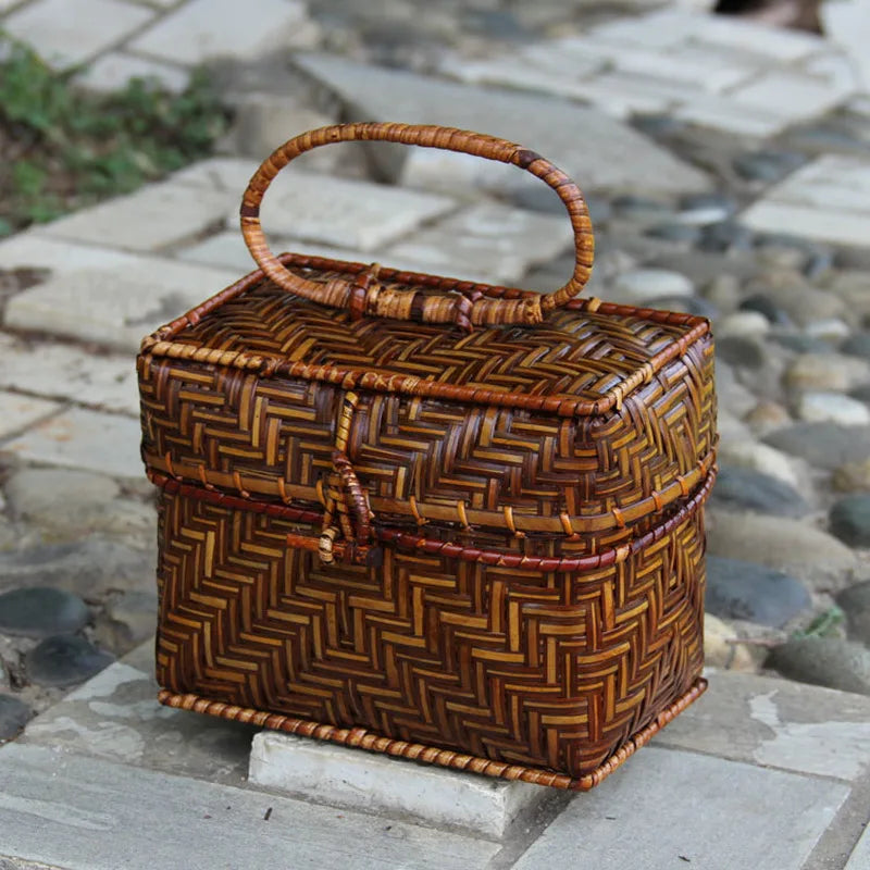 Femlion Bamboo Woven Mini Handbag for Tea Ceremony Storage & Makeup