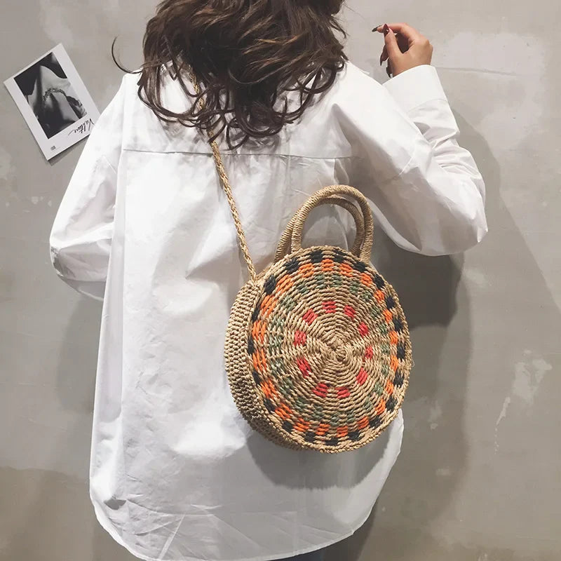 Femlion Round Straw Bag: Hand-Knit Beach Bag with Large Capacity