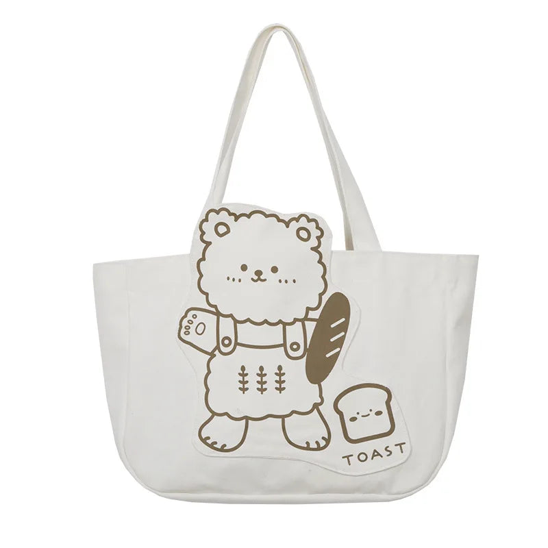 Femlion Cute Bear Print Canvas Shoulder Bag: Large Capacity Tote for Ladies