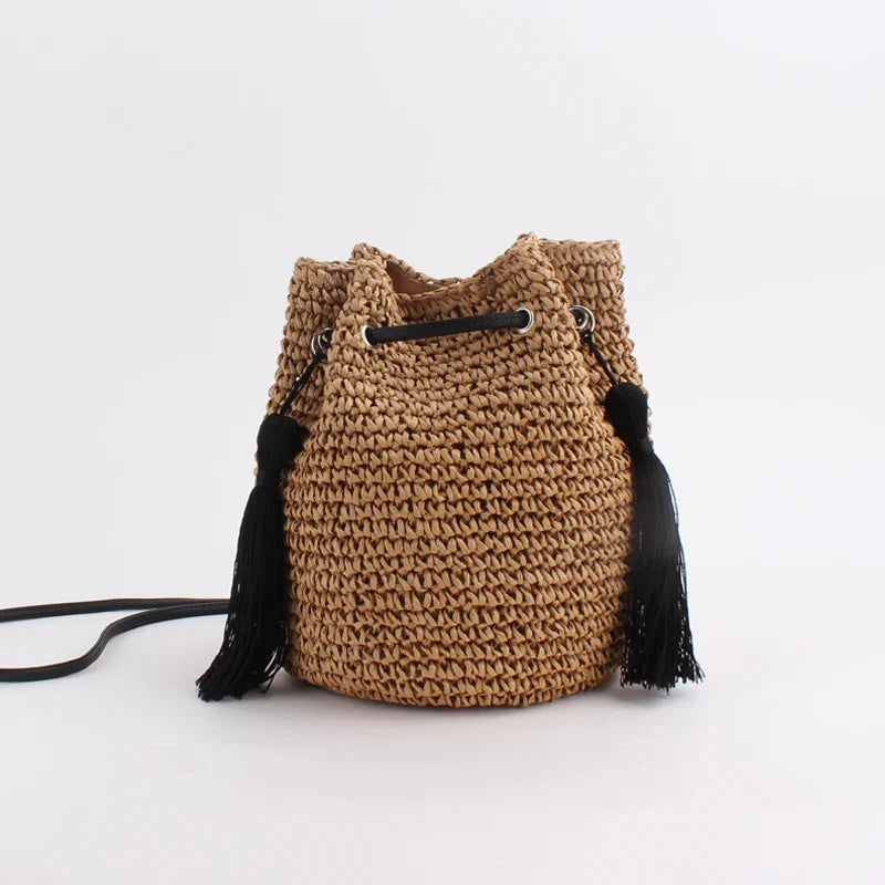 Femlion Woven Straw Beach Bucket Bag Shoulder Leisure Tassel Female Bag