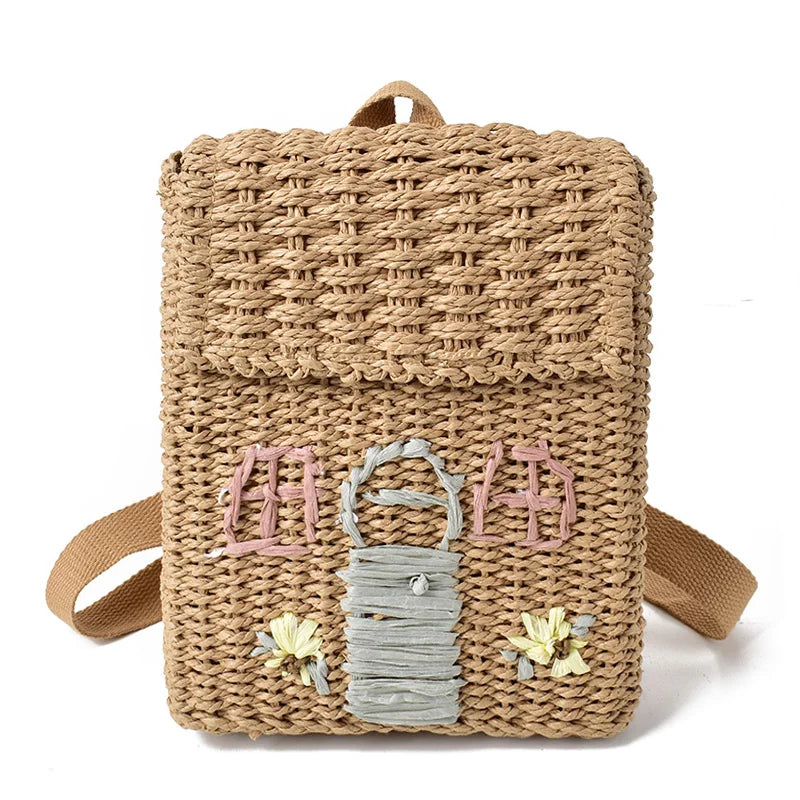 Femlion Straw Woven Double-Shoulder Backpack Bag