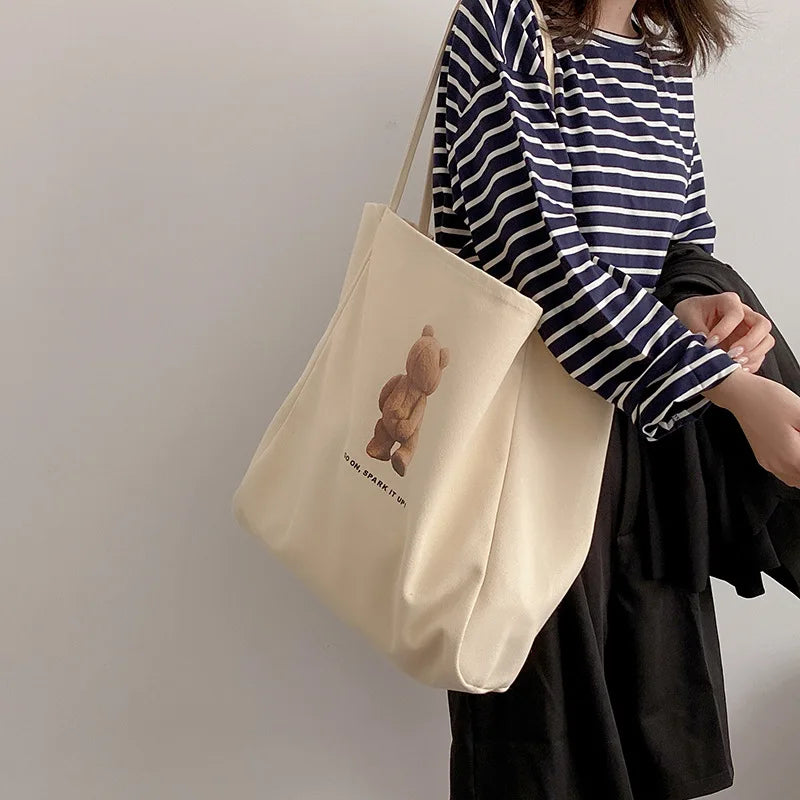 Femlion Cute Bear Big Canvas Tote Bag for Women, Extra Large Eco Shopper Shoulder Bag