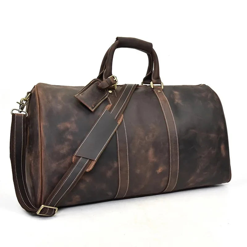 Femlion Men's Leather Travel Tote Duffle Bag Large 60cm - Genuine Cowskin Hand Luggage