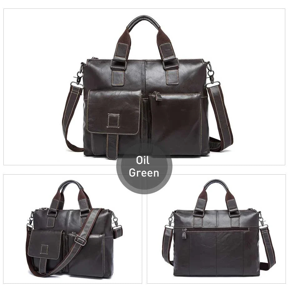 Femlion Black Leather Laptop Briefcase Shoulder Handbag for Men