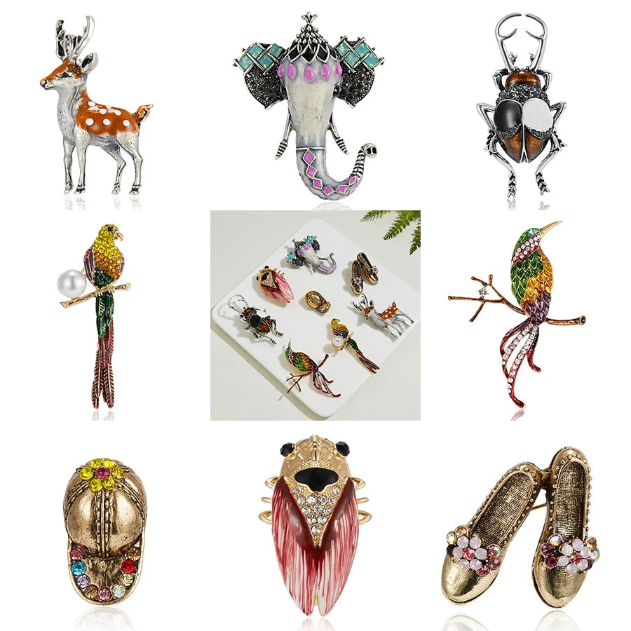 Femlion Cartoon Animal Brooch Set: Christmas Deer Elephant Beetle Cicada Parrot Bird Badge