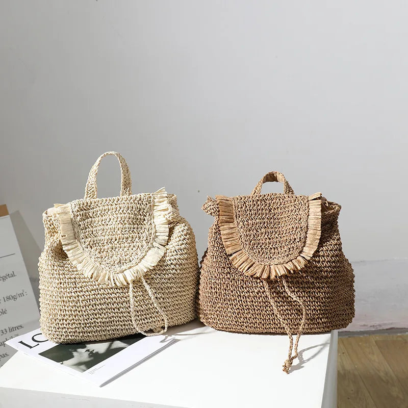 Femlion Tassel Straw Backpack: Stylish Woven Bag for Beach Vacation or Leisure