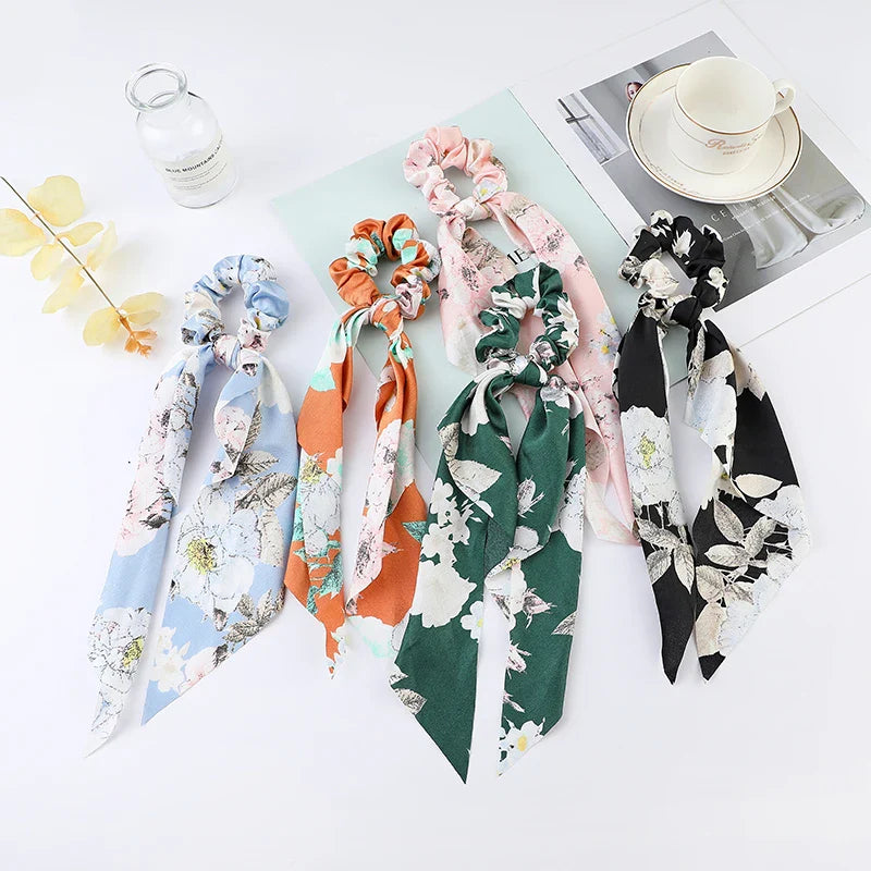 Femlion Flower Print Bow Satin Ponytail Scarf Hair Tie Scrunchies