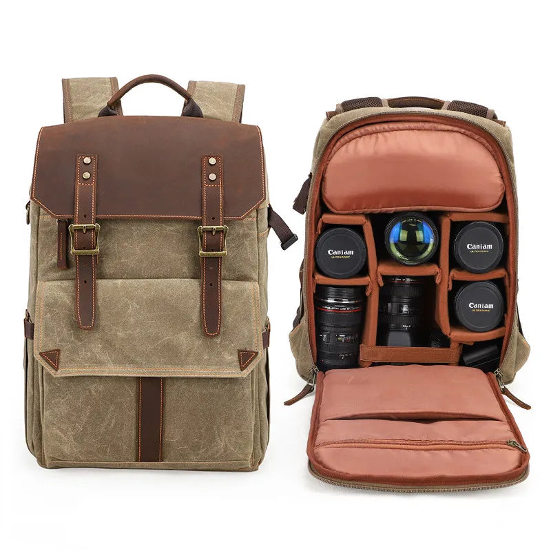 Femlion Waterproof Canvas Camera Backpack with Tripod Slot