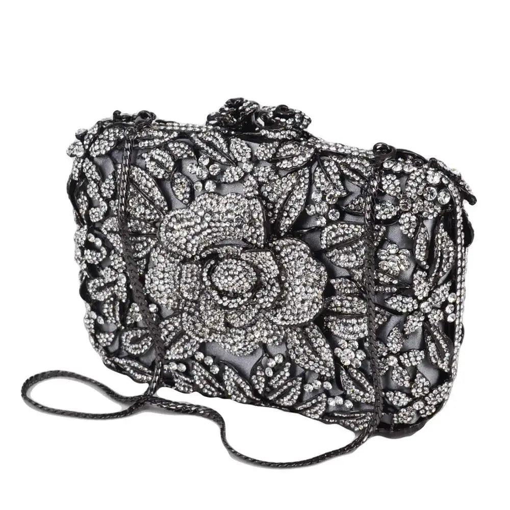 Femlion Grey Crystal Flower Clutch Bag for Women's Wedding Party Prom