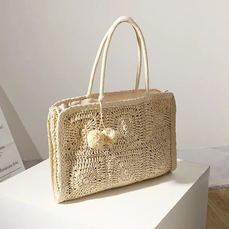 Femlion Hollow Straw Woven Bag with Hair Ball - Large Capacity Fashionable Handbag