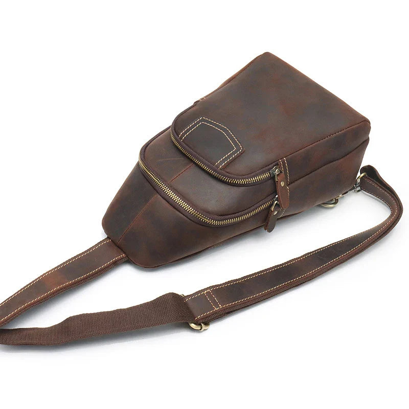 Men's Leather Crossbody Chest Bag by Femlion: Genuine Leather Messenger Pack for Outdoor Use.