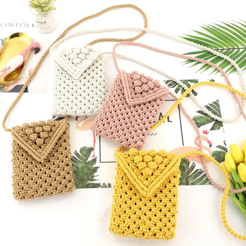 Femlion Cotton Rope Hand-woven Beach Bag Shoulder Straw Messenger Phone Bag