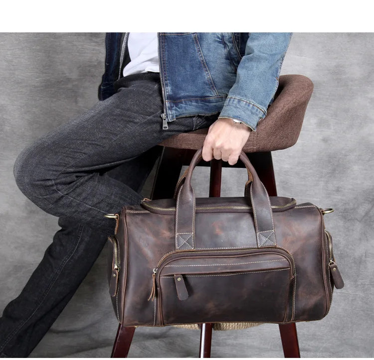 Femlion 2023 Genuine Leather Duffle Bag Men's Travel Business Handbag Coffee Totes