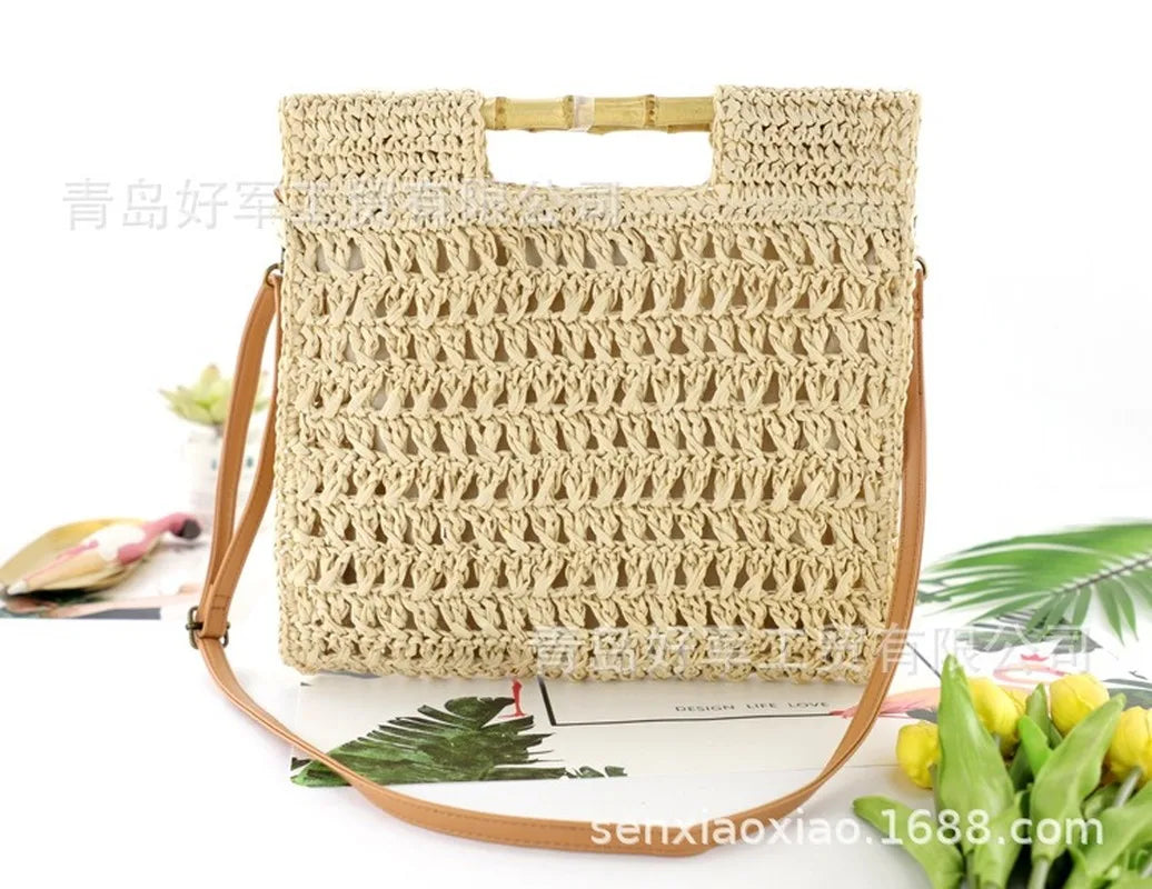 Femlion Bamboo Handle Handwoven Women's Tote Bag Vintage Shoulder Messenger Bag