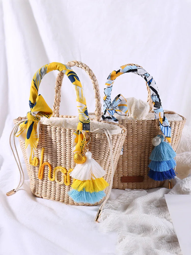 Femlion Straw Beach Bag Top Handle Handmade Woven Handbags Wedding Gift