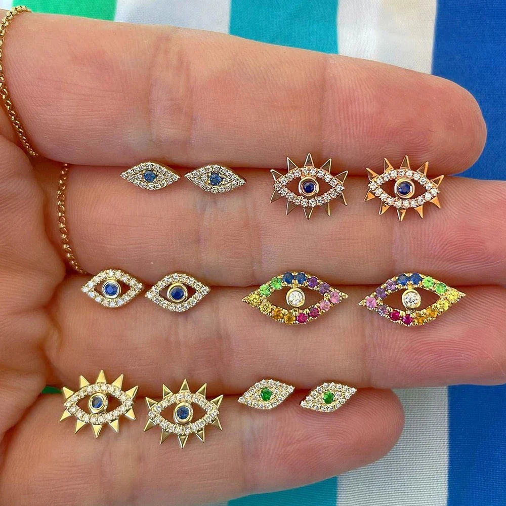 Femlion Rainbow CZ Evil Eyes Stud Earrings: Elegant Blue Zircon Luck Fashion Jewelry