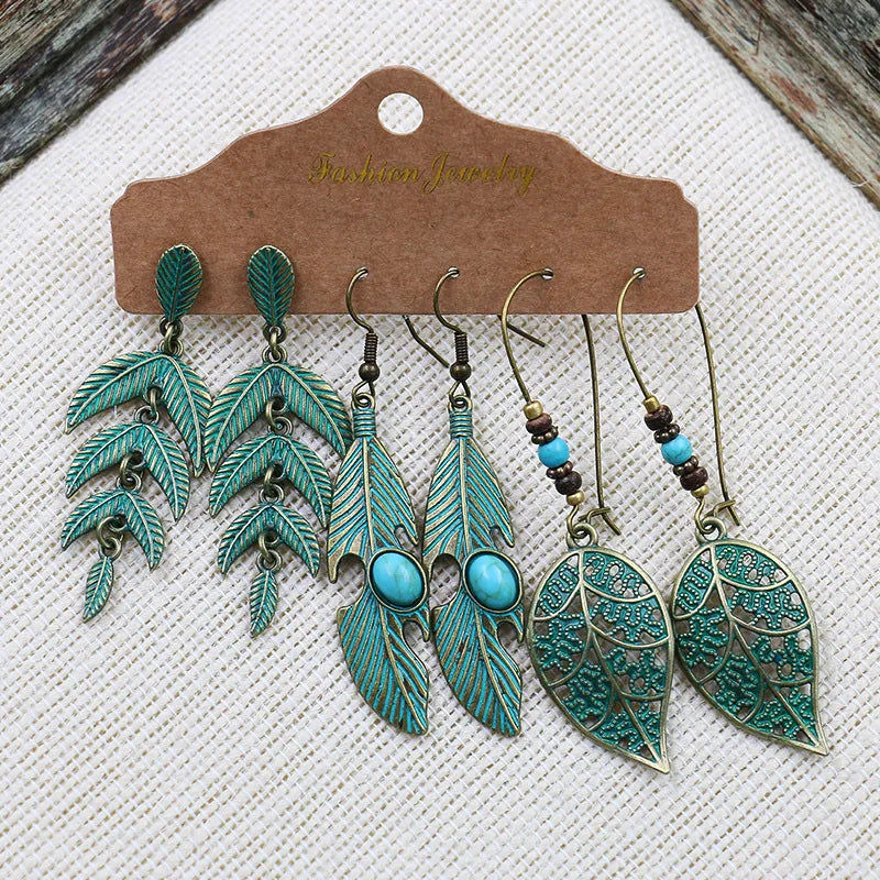 Femlion Boho Tassel Earrings Set with Natural Stone, Feather Wing Drop Dangle Jewelry