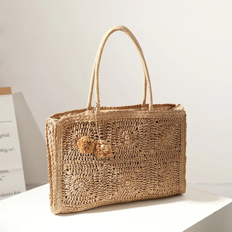 Femlion Hollow Straw Woven Bag with Hair Ball - Large Capacity Fashionable Handbag