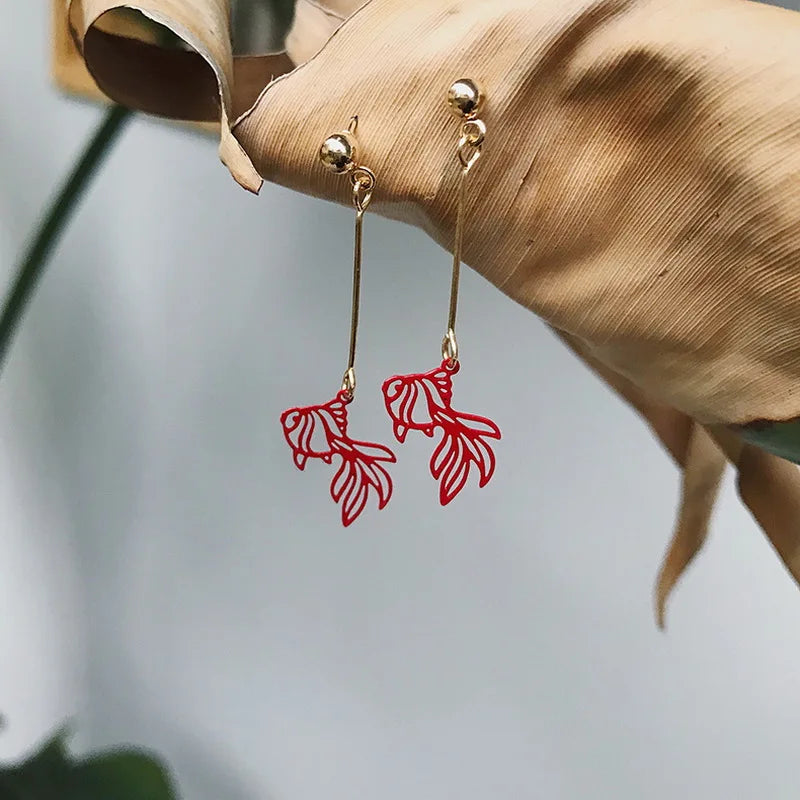 Femlion Red Koi Fish Goldfish Dangle Earrings - Vintage Chinese Drop Earrings