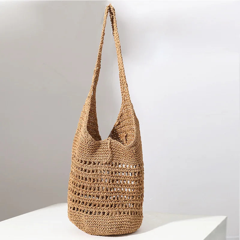 Femlion Large Straw Woven Beach Bag: Korean Hollow One-Shoulder Casual Vacation Tote