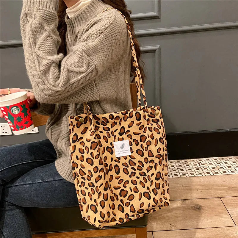 Femlion Leopard Design Corduroy Shoulder Bag - Eco-Friendly Handbag for Women