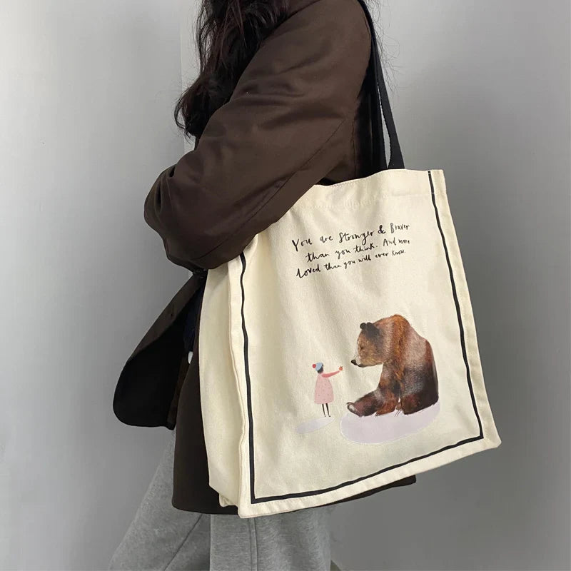 Femlion Girl and Bear Print Canvas Shoulder Bag: Cute Eco-Friendly Tote for College Students