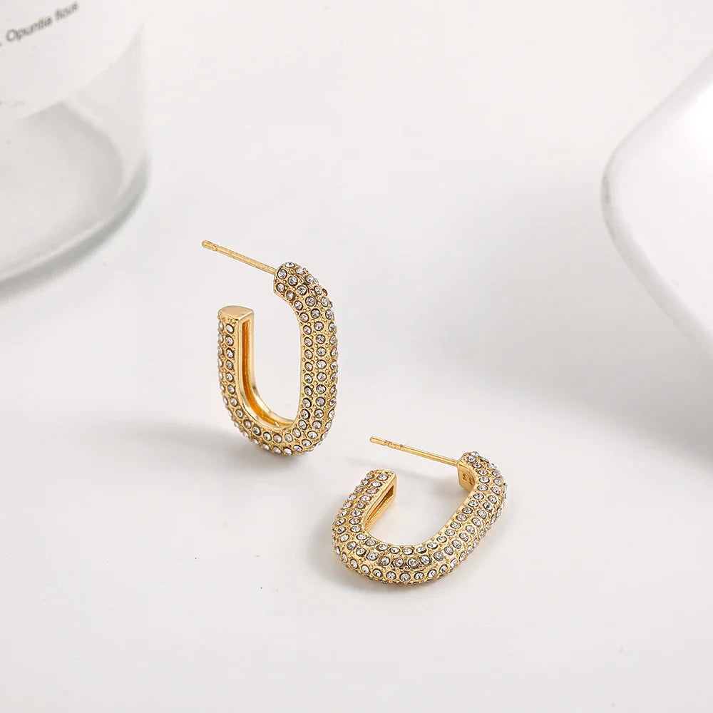 Femlion Twisted Small Huggies with Rhinestone Crystal Oval Drop Earrings Set