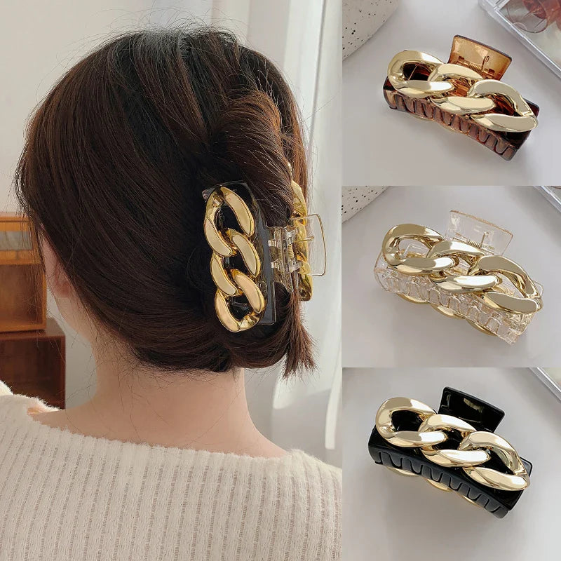 Femlion Metal Chain Hollow Out Hair Claw Simple Geometric Square Hair Clip