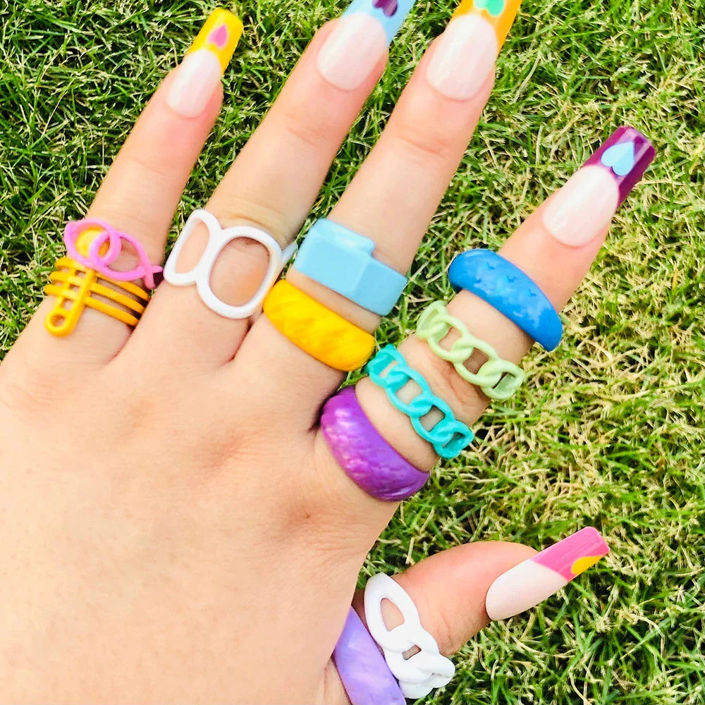 Femlion Summer Hand-Painted Irregular Open Rings - Colorful Geometric Jewelry