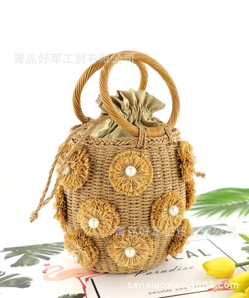 Femlion Pearl Straw Bag: Round Barrel Woven Beach Bag for Fashionable Women