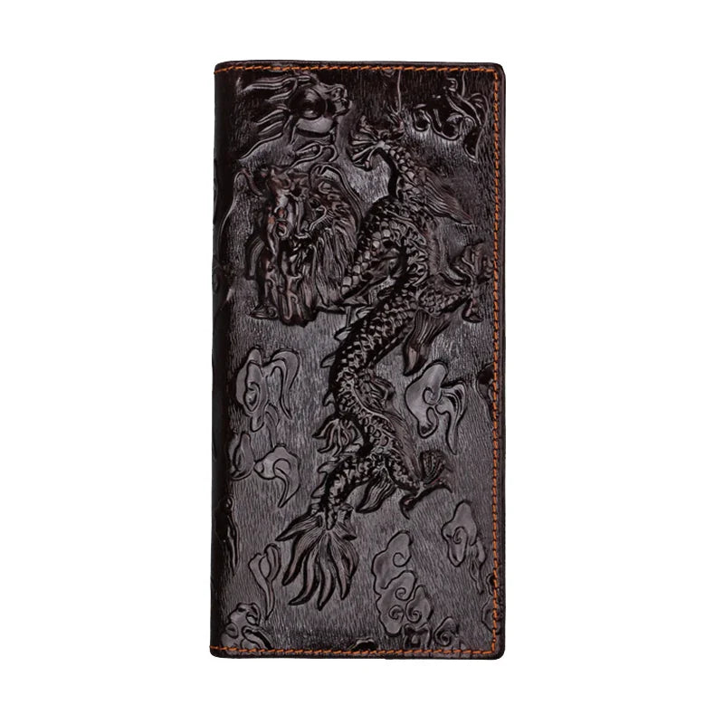 Femlion 3D Dragon Genuine Leather Long Wallet - High-Fashion Bifold Card Purse