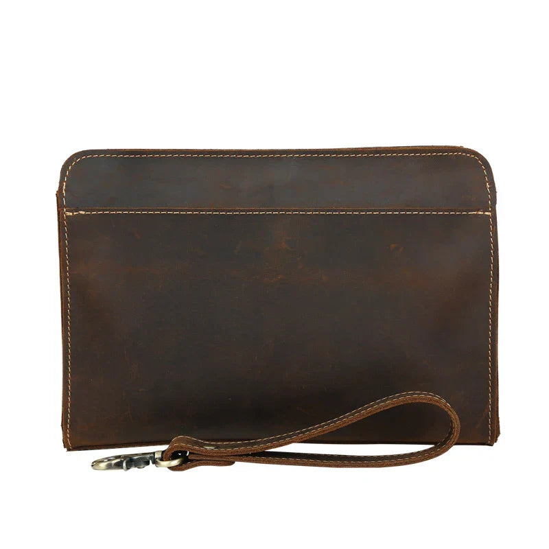 Femlion Genuine Leather Men's Clutch with Wrist Band- Stylish Cowskin Purse for iPad and iPhone