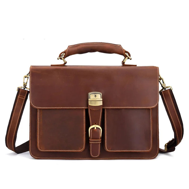 Femlion Retro Leather Briefcase | Large Capacity 15" Laptop Bag with Crazy Horse Skin