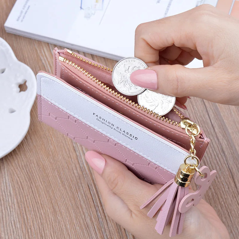 Femlion Patchwork Short Wallet with Tassel Zipper & Card Holder, Pink Embossed Money Bag