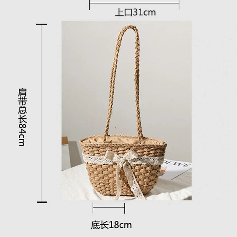 Femlion Lace Bow Woven Bag Fairy Shoulder Beach Bag Women's Bag