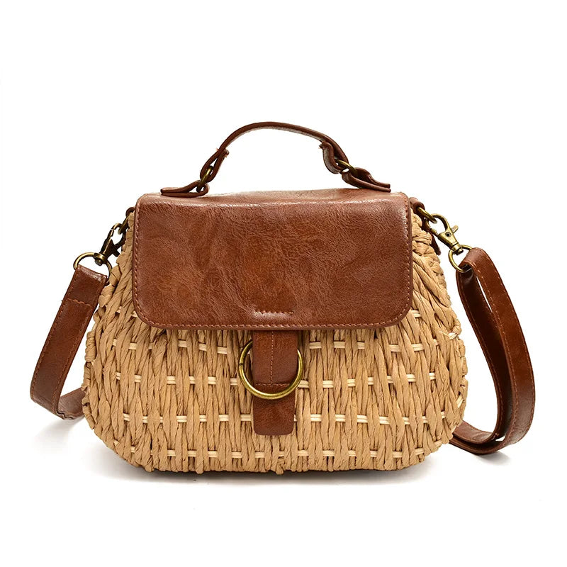 Femlion Straw Pig Crossbody Bag Beach Handbag Casual Rattan Weaving Vintage Basket