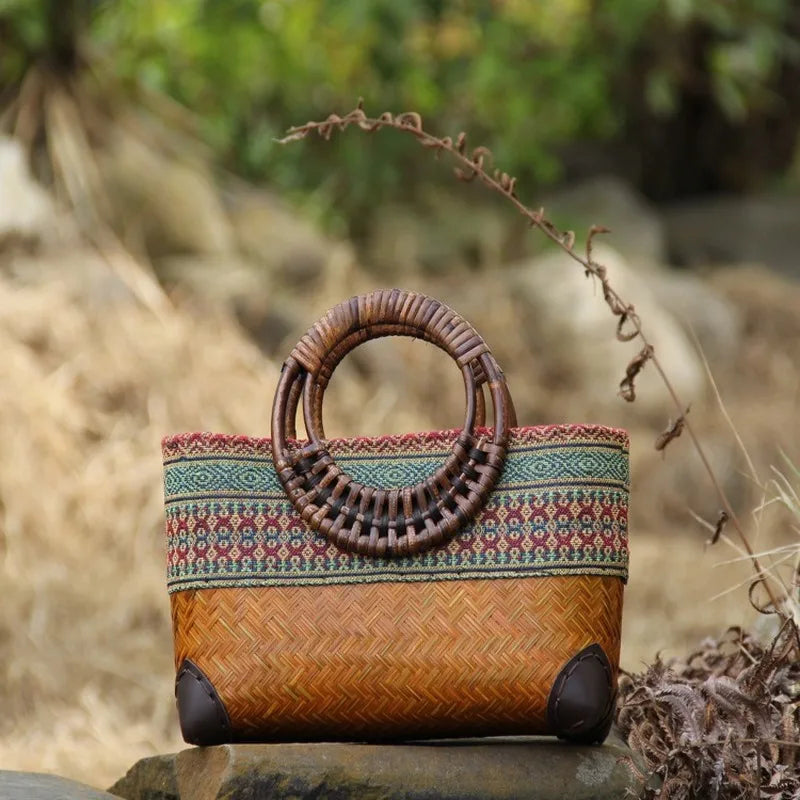 Femlion Bamboo Woven Bag: Mini Handmade Rattan Handbag for Stylish Women