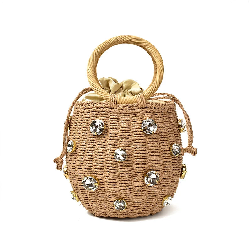 Femlion Rhinestone Crystal Straw Bucket Bag - Small Travel Purse