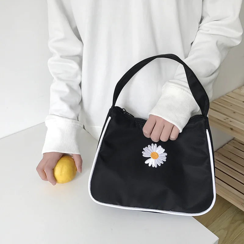 Femlion Daisy Embroidery Small Canvas Handbag - Trendy Half Moon Zipper Tote