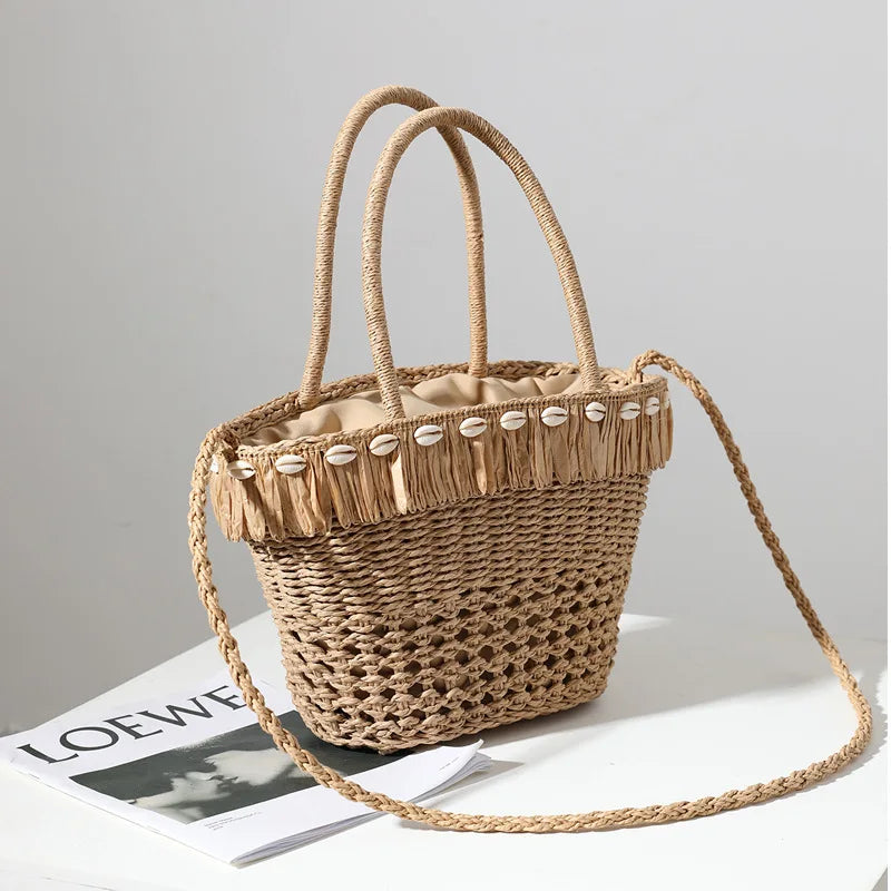 Femlion Straw Tassel Woven Bag for Women - Beach Holiday Shoulder Portable Bag