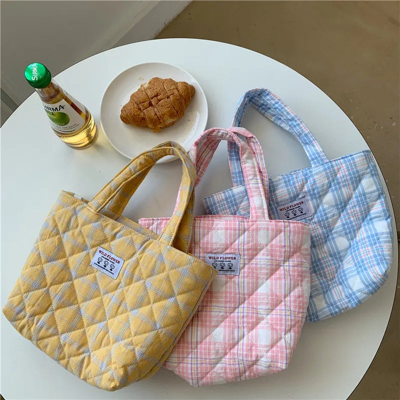 Femlion Plaid Pattern Lunch Bag Quilted Cotton Tote for Food Storage and Picnics