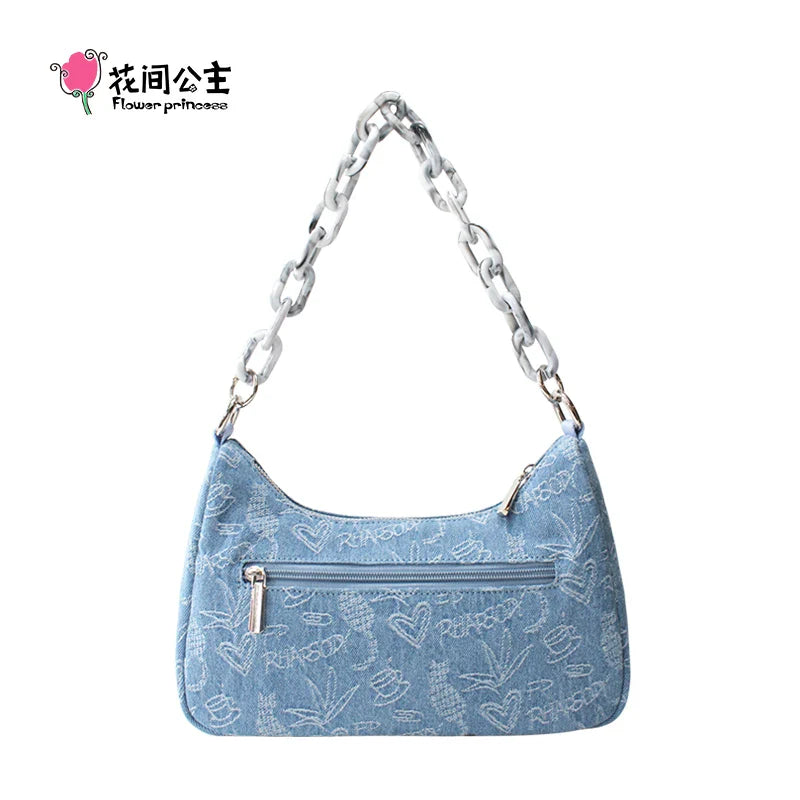 Femlion Flower Princess Jacquard Denim Handbag Crossbody Small Bag - Women's All-Match