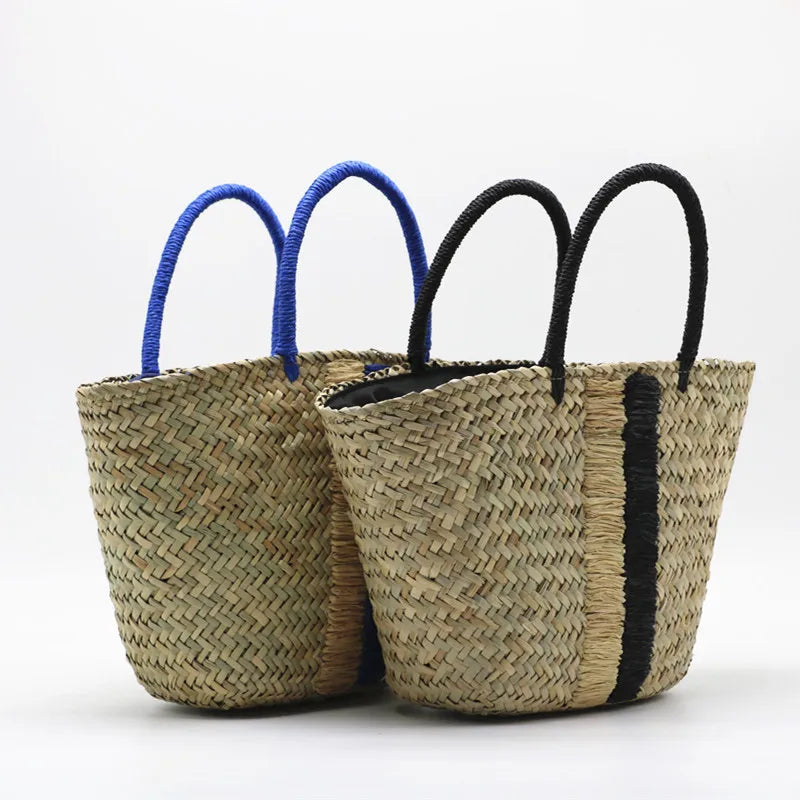 Femlion Blue Black Woven Bag - Waterweed Portable Straw Bag